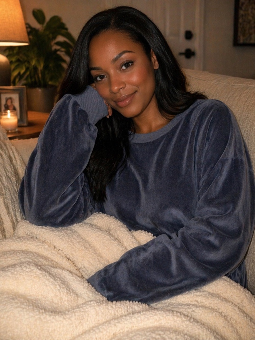 Secret Treasures Plush Long Sleeve Pajama Top in Slate Blue